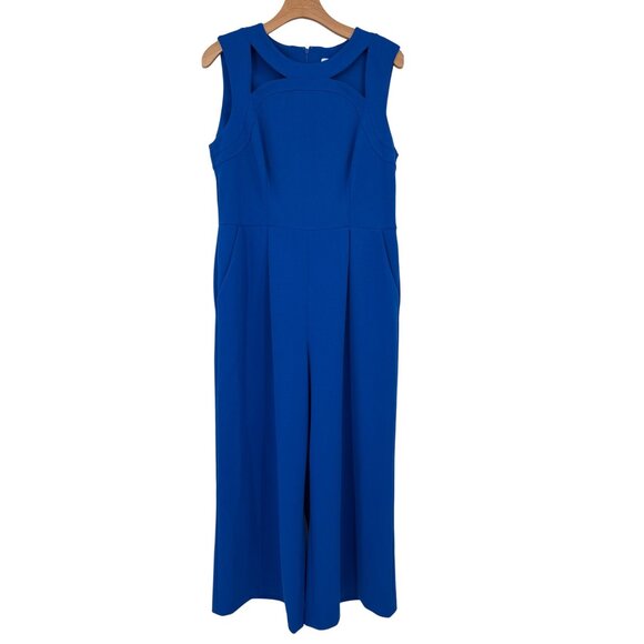 Calvin Klein Womens Sleeveless Wide-Leg Jumpsuit corpped Size 12 Blue pockets - Picture 2 of 6